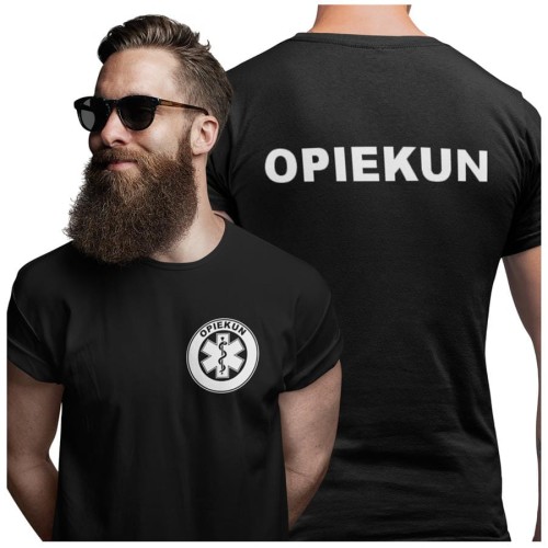 Koszulka męska medyczna dla opiekuna z logo i napisem OPIEKUN na plecach  kolor czarny