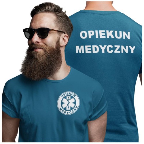 Koszulka męska medyczna dla OPIEKUN MEDYCZNY z logo i napisem OPIEKUN MEDYCZNY na plecach  kolor PETROL