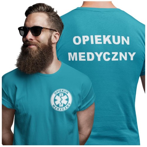 Koszulka męska medyczna dla OPIEKUN MEDYCZNY z logo i napisem OPIEKUN MEDYCZNY na plecach  kolor TURKUS
