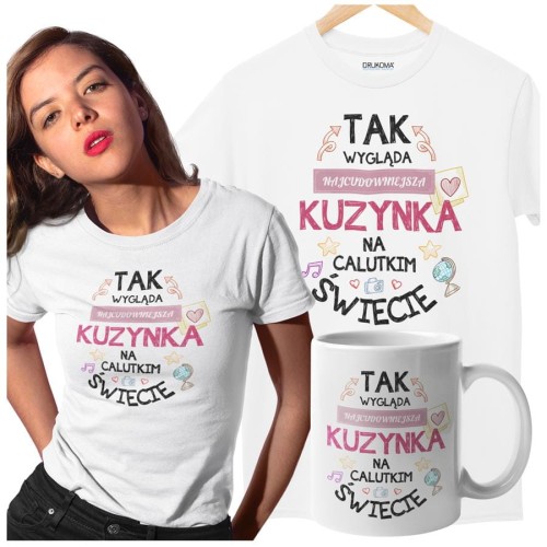 Koszulka dla Kuzynki w zestawie z kubkiem z nadrukiem "Tak wygląda najcudowniejsza Kuzynka na calutkim świecie" w kolorze białym
