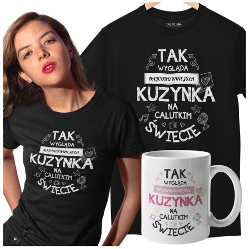 Koszulka dla Kuzynki w zestawie z kubkiem z nadrukiem "Tak wygląda najcudowniejsza Kuzynka na calutkim świecie" w kolorze czarnym