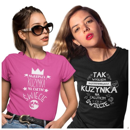 Zestaw koszulek dla Kuzynek na prezent koszulki na urodziny z napisem: "Najlepsza Kuzynka na całym świecie" oraz "Tak wygląda najcudowniejsza Kuzynka na calutkim świecie" w kolorze różowym i czarnym