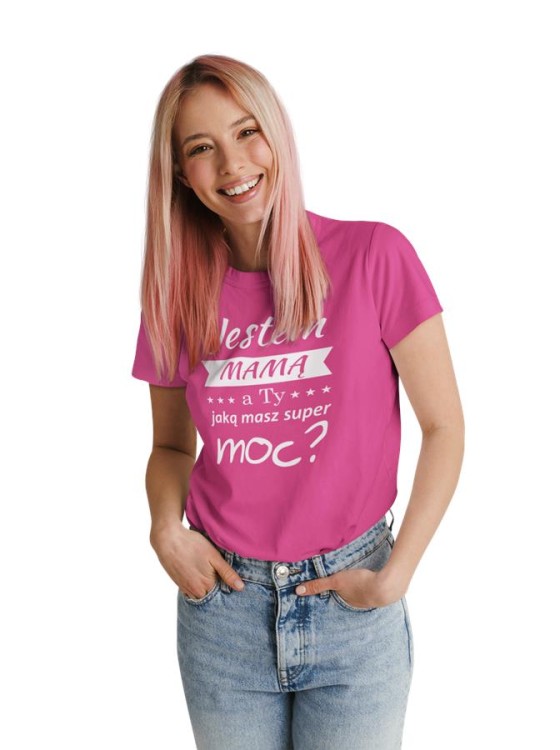 Koszulka dla Mamy na Dzień Mamy zestaw z kubkiem i nadrukiem Jestem mamą, a ty jaką masz super moc kolor różowy (1).jpg