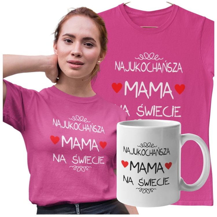 Koszulka dla Mamy na Dzień Mamy zestaw z kubkiem i nadrukiem Najukochańsza mama na świecie kolor różowy (2).jpg