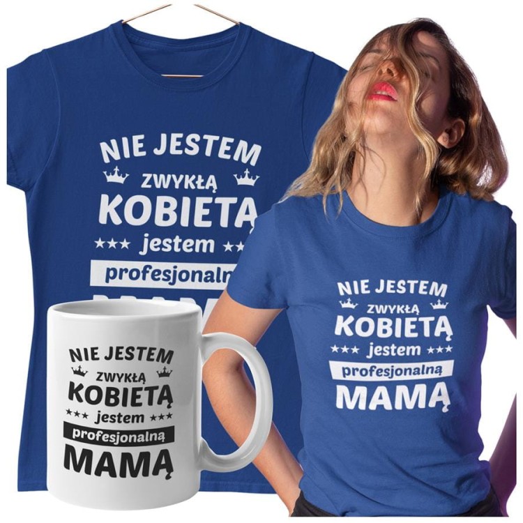 Koszulka dla Mamy na Dzień Mamy zestaw z kubkiem i nadrukiem Nie jestem zwykłą kobietą jestem profesjonalną mamą kolor granatowy (2).jpg