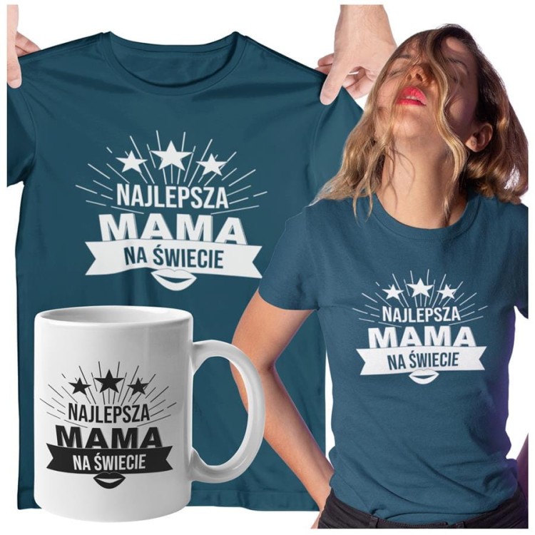Koszulka dla Mamy na Dzień Mamy zestaw z kubkiem i nadrukiem Najlepsza mama na świecie kolor petrol blue (1).jpg