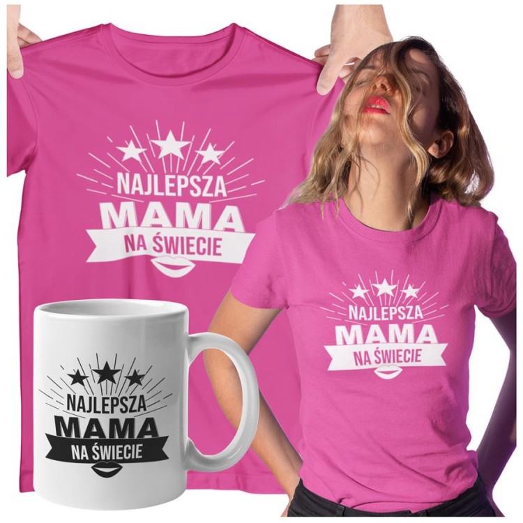 Koszulka dla Mamy na Dzień Mamy zestaw z kubkiem z nadrukiem Najlepsza mama na świecie kolor różowy