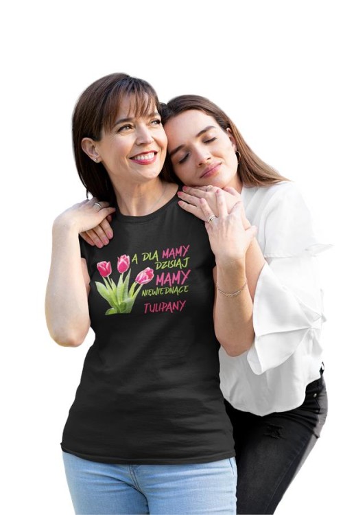 Koszulka dla Mamy na Dzień Mamy zestaw z kubkiem z nadrukiem A dla mamy dzisiaj mamy niewiędnące tulipany kolor czarny (7).jpg