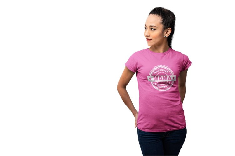 Koszulka dla Mamy na Dzień Mamy prezent z kubkiem i napisem Najlepsza mama na świecie, wspaniała, inteligentna, zabawna, opiekuńcza różowa (1).jpg