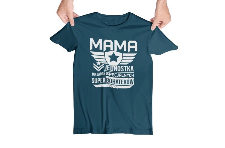 Koszulka dla Mamy na Dzień Mamy zestaw z kubkiem i nadrukiem Mama jednostka do zadań specjalnych super bohaterów kolor petrol blue (2).jpg