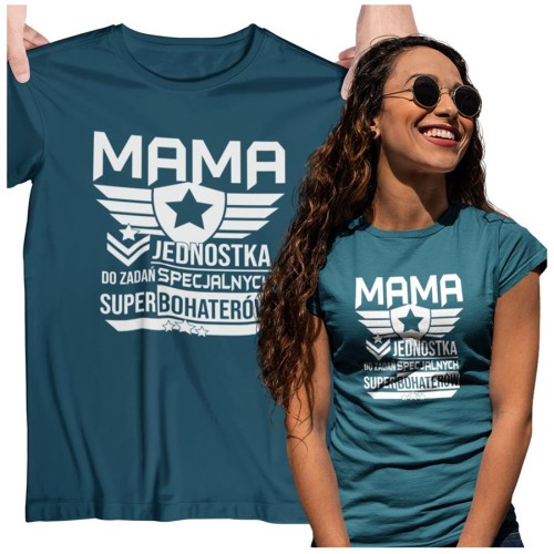 Koszulka dla Mamy na Dzień Mamy zestaw z nadrukiem Mama jednostka do zadań specjalnych super bohaterów kolor petrol blue.jpg