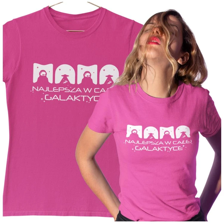 Koszulka dla Mamy na Dzień Mamy z nadrukiem MAMA najlepsza w całej galaktyce kolor różowy.jpg