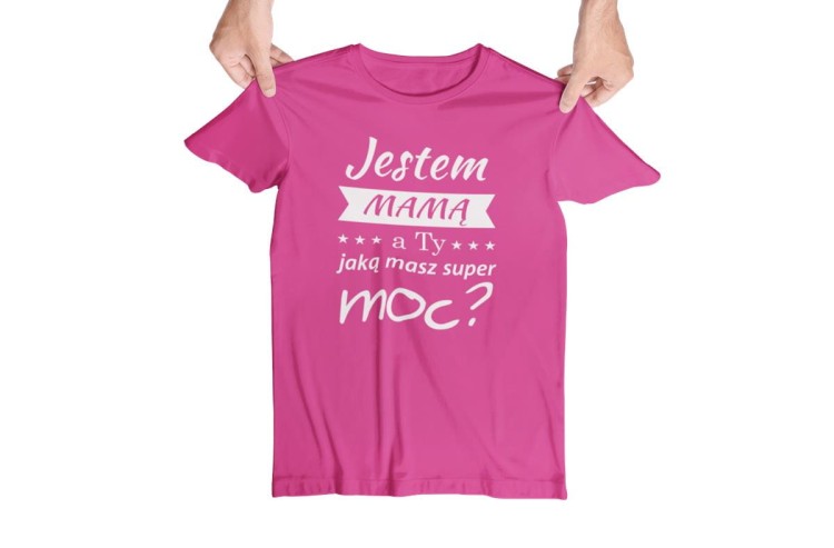 Koszulka dla Mamy na Dzień Mamy zestaw z kubkiem i nadrukiem Jestem mamą, a ty jaką masz super moc kolor różowy (3).jpg
