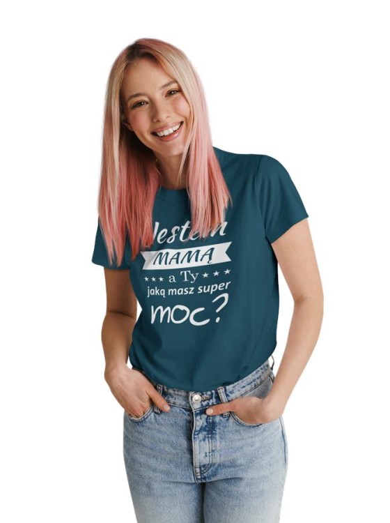 Koszulka dla Mamy i Taty na Dzień Matki i Ojca z napisem Jestem MAMĄ, a ty jaką masz super moc i Jestem TATĄ, a ty jaką masz super moc w kolorze petrol blue (1).jpg