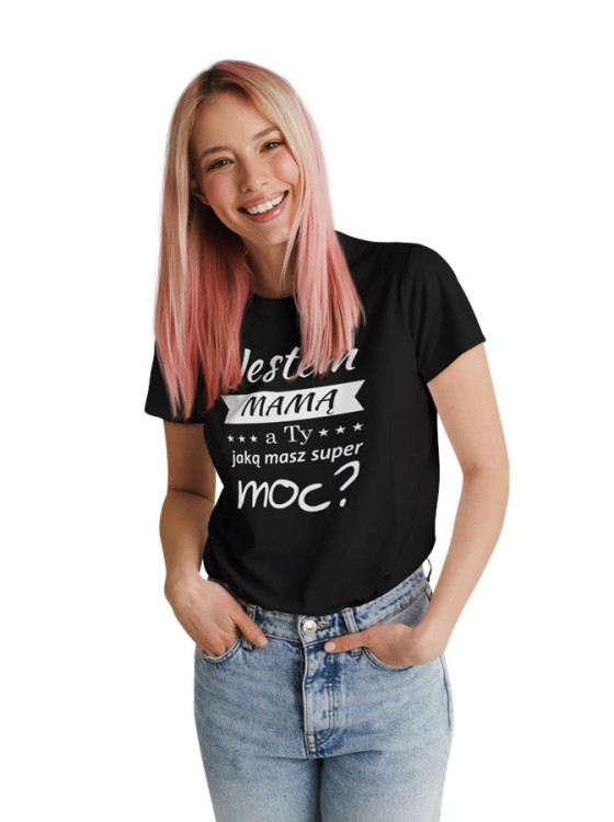 Koszulka dla Mamy na Dzień Mamy zestaw z kubkiem i nadrukiem Jestem mamą, a ty jaką masz super moc kolor czarny (1).jpg