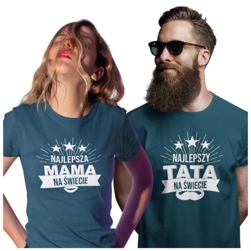 Koszulka dla Mamy i Taty na Dzień Matki i Ojca z napisem Najlepsza mama na świecie i Najlepszy tata na świecie w kolorze petrol blue.jpg