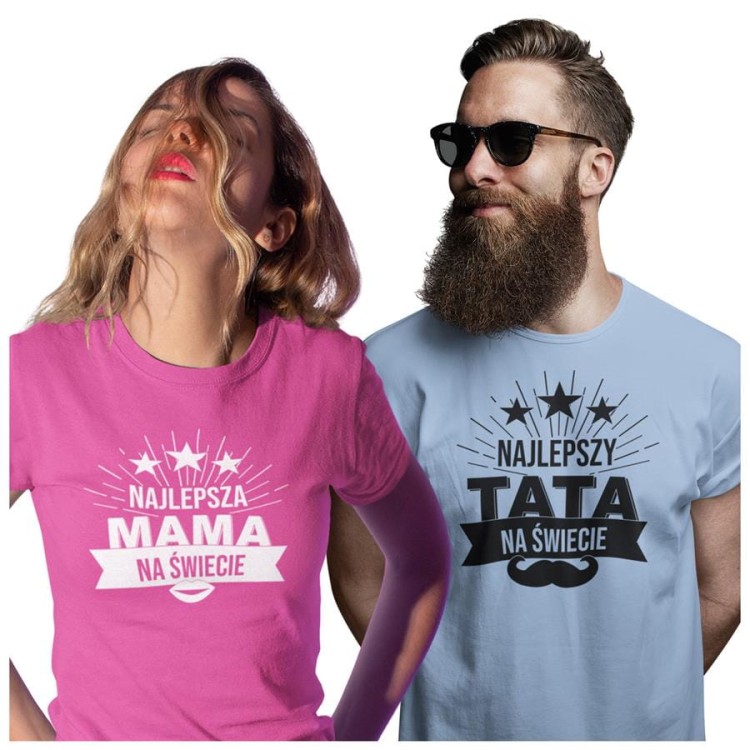 Koszulka dla Mamy i Taty na Dzień Matki i Ojca z napisem Najlepsza mama na świecie i Najlepszy tata na świecie w kolorze różowym i błękitnym.jpg