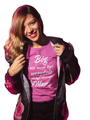 Koszulka dla Mamy i Taty na Dzień Matki i Ojca z napisem Bóg nie może być wszędzie dlatego stworzył Mamę oraz Bóg nie może być wszędzie dlatego stworzył Tatę w kolorze błękitnym i różowym (1).png