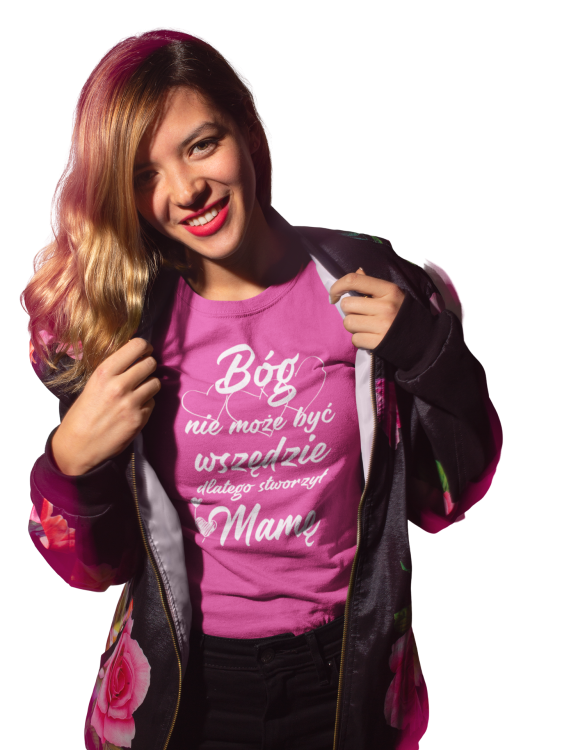 Koszulka dla Mamy i Taty na Dzień Matki i Ojca z napisem Bóg nie może być wszędzie dlatego stworzył Mamę oraz Bóg nie może być wszędzie dlatego stworzył Tatę w kolorze błękitnym i różowym (1).png