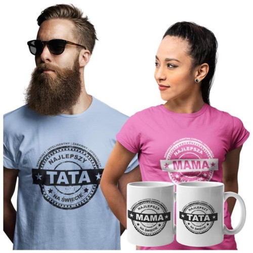 Koszulki dla Rodziców na Dzień Mamy i Taty zestaw z kubkami z napisem Najlepsza mama na świecie i Najlepszy tata na świecie w kolorze różowym i błękitnym.jpg