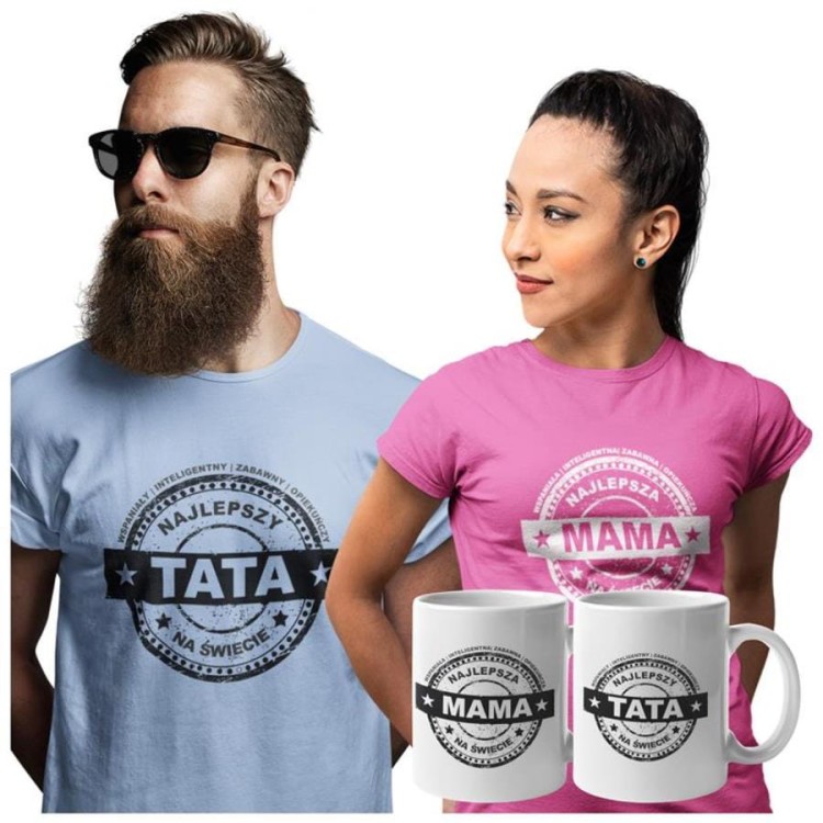 Koszulki dla Rodziców na Dzień Mamy i Taty zestaw z kubkami z napisem Najlepsza mama na świecie i Najlepszy tata na świecie w kolorze różowym i błękitnym.jpg