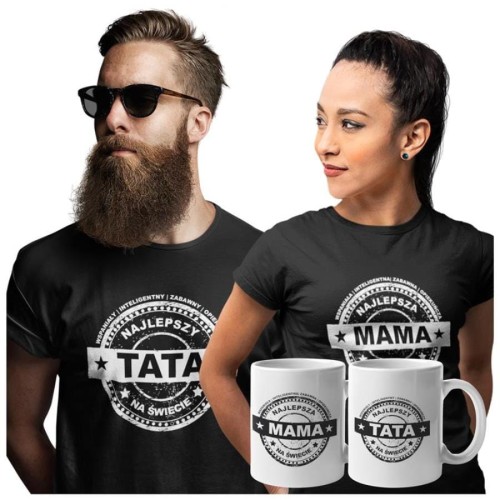 Koszulki dla Rodziców na Dzień Mamy i Taty zestaw z kubkami z napisem Najlepsza mama na świecie i Najlepszy tata na świecie w kolorze czarnym.jpg