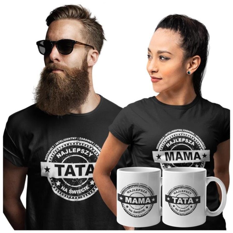 Koszulki dla Rodziców na Dzień Mamy i Taty zestaw z kubkami z napisem Najlepsza mama na świecie i Najlepszy tata na świecie w kolorze czarnym.jpg