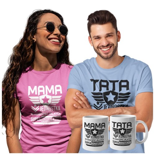 Koszulki dla Rodziców na Dzień Mamy i Taty zestaw z kubkami z napisem MAMA jednostka do zadań specjalnych super bohaterów i TATA jednostka do zadań specjalnych super bohaterów w kolorze róż.jpg