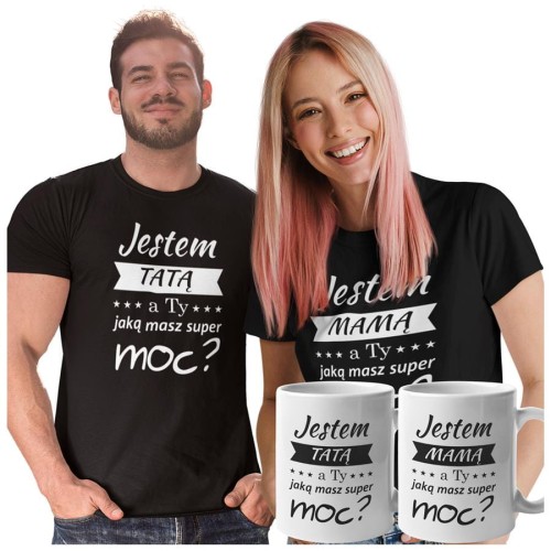 Koszulki dla Rodziców na Dzień Mamy i Taty zestaw z kubkami z napisem Jestem MAMĄ, a ty jaką masz super moc i Jestem TATĄ, a ty jaką masz super moc w kolorze czarnym.jpg