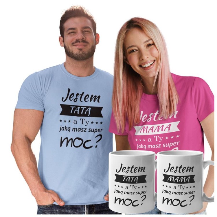 Koszulki dla Rodziców na Dzień Mamy i Taty zestaw z kubkami z napisem Jestem MAMĄ, a ty jaką masz super moc i Jestem TATĄ, a ty jaką masz super moc w kolorze różowym i błękitnym.jpg