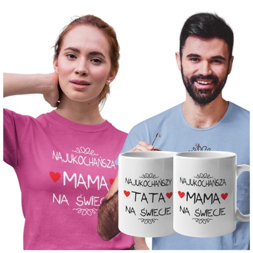 Koszulki dla Rodziców na Dzień Mamy i Taty zestaw z kubkami z napisem Najukochańsza mama na świecie i Najukochańszy tata na świecie w kolorze różowym i błękitnym.jpg
