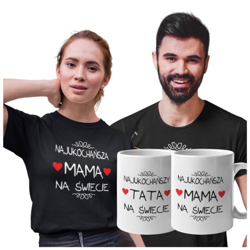Koszulki dla Rodziców na Dzień Mamy i Taty zestaw z kubkami z napisem Najukochańsza mama na świecie i Najukochańszy tata na świecie w kolorze czarnym.jpg