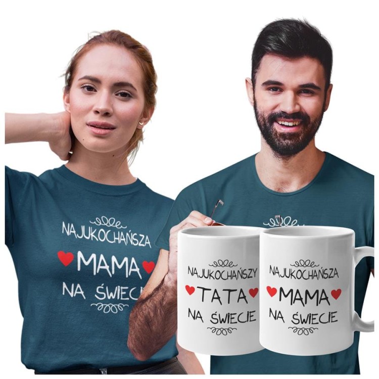 Koszulki dla Rodziców na Dzień Mamy i Taty zestaw z kubkami z napisem Najukochańsza mama na świecie i Najukochańszy tata na świecie w kolorze petrol blue.jpg