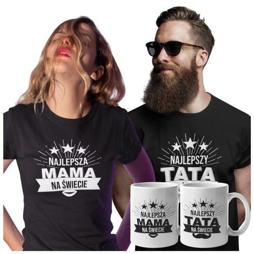 Koszulki dla Rodziców na Dzień Mamy i Taty zestaw z kubkami z napisem Najlepsza mama na świecie i Najlepszy tata na świecie w kolorze czarnym.jpg