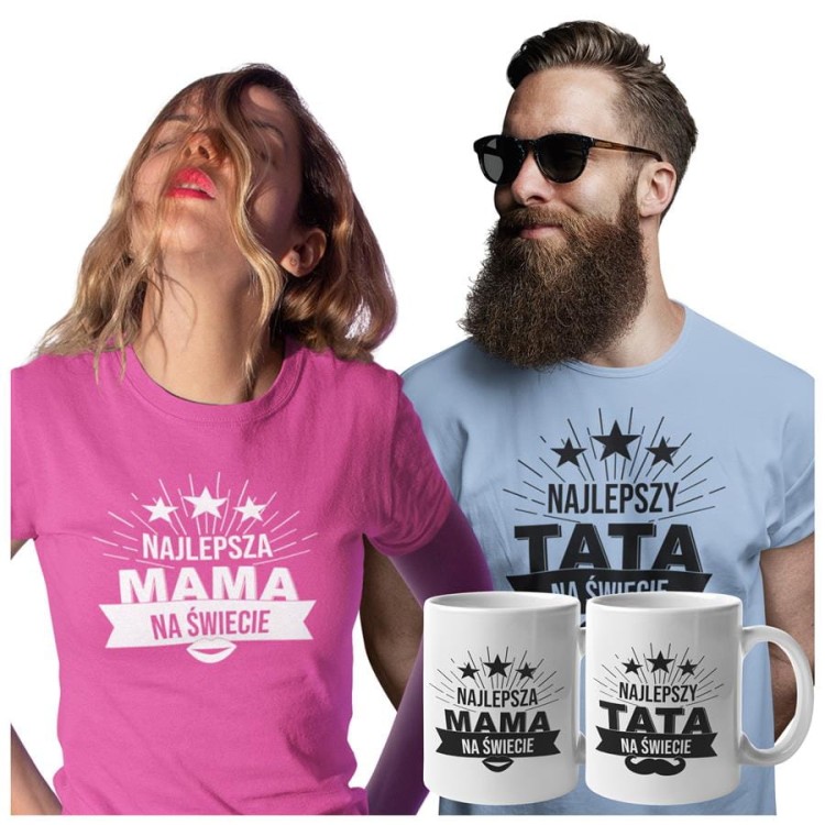 Koszulki dla Rodziców na Dzień Mamy i Taty zestaw z kubkami z napisem Najlepsza mama na świecie i Najlepszy tata na świecie w kolorze różowym i błękitnym.jpg