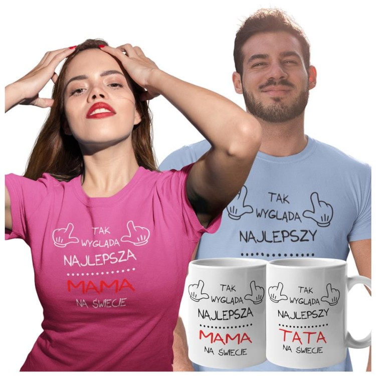 Koszulki dla Rodziców na Dzień Mamy i Taty zestaw z kubkami z napisem Tak wygląda najlepsza mama na świecie i Tak wygląda najlepszy tata na świecie w kolorze różowym i błękitnym.jpg