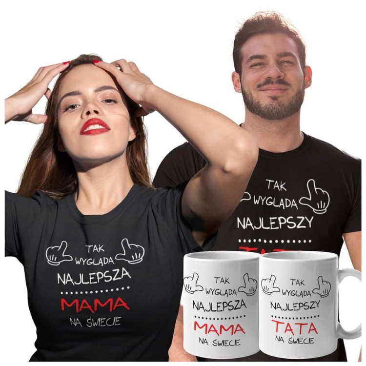 Koszulki dla Rodziców na Dzień Mamy i Taty zestaw z kubkami z napisem Tak wygląda najlepsza mama na świecie i Tak wygląda najlepszy tata na świecie w kolorze czarnym.jpg