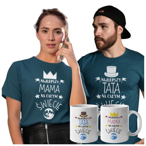 Koszulki dla Rodziców na Dzień Mamy i Taty zestaw z kubkami z napisem Najlepsza mama na całym świecie i Najlepszy tata na całym świecie w kolorze petrol blue.jpg