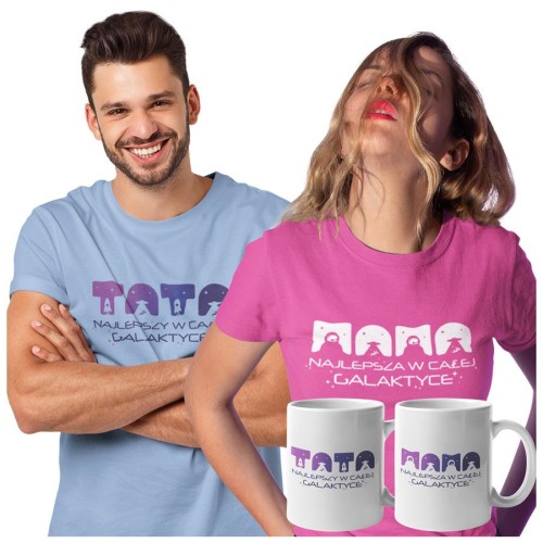 Koszulki dla Rodziców na Dzień Mamy i Taty zestaw z kubkami z napisem Mama najlepsza w całej galaktyce i Tata najlepszy w całej galaktyce w kolorze różowym i niebieskim.jpg