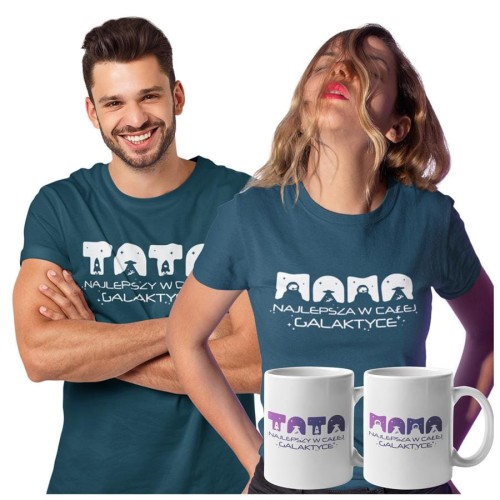 Koszulki dla Rodziców na Dzień Mamy i Taty zestaw z kubkami z napisem Mama najlepsza w całej galaktyce i Tata najlepszy w całej galaktyce w kolorze petrol blue.jpg