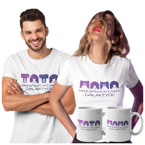 Koszulki dla Rodziców na Dzień Mamy i Taty zestaw z kubkami z napisem Mama najlepsza w całej galaktyce i Tata najlepszy w całej galaktyce w kolorze białym.jpg