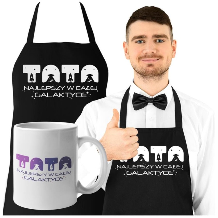Fartuch z kubkiem dla Taty na prezent na Dzień Ojca z napisem Tata najlepszy w całej galaktyce.jpg