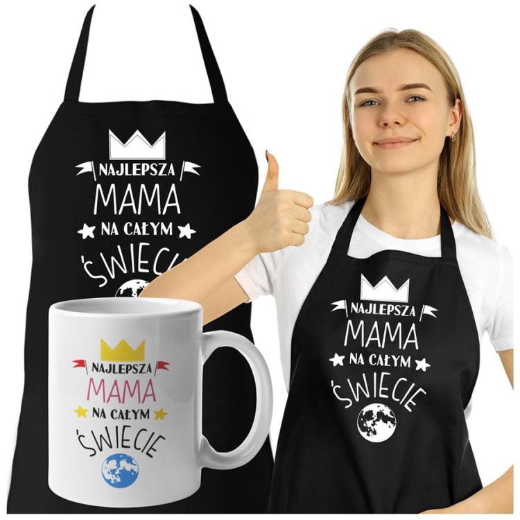 Fartuch z kubkiem dla Mamy na prezent na Dzień Matki z napisem Najlepsza mama na całym świecie.jpg