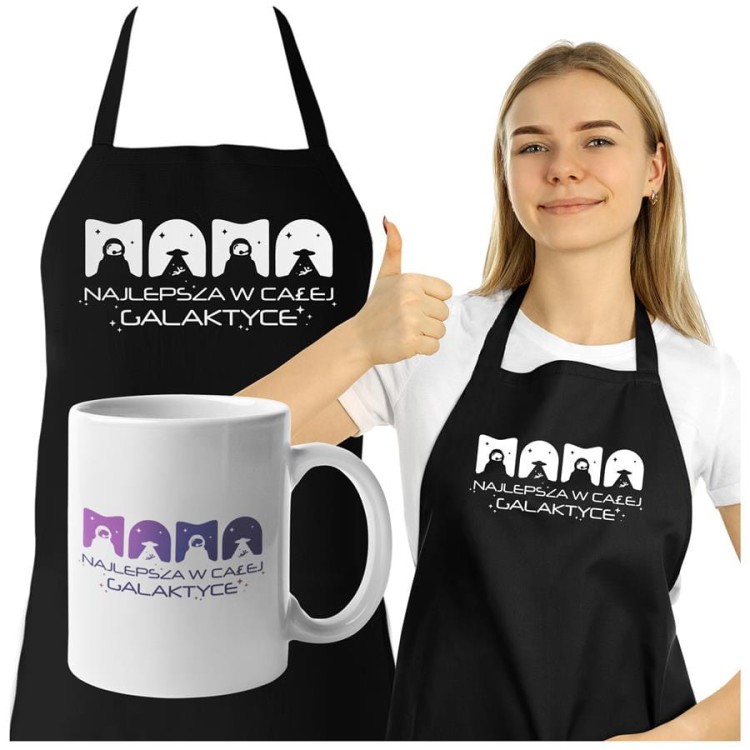 Fartuch z kubkiem dla Mamy na prezent na Dzień Matki z napisem Mama najlepsza w całej galaktyce.jpg