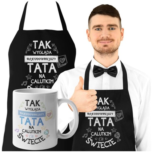 Fartuch z kubkiem dla Taty na prezent na Dzień Ojca z napisem Tak wygląda najcudowniejszy tata na calutkim świecie.jpg