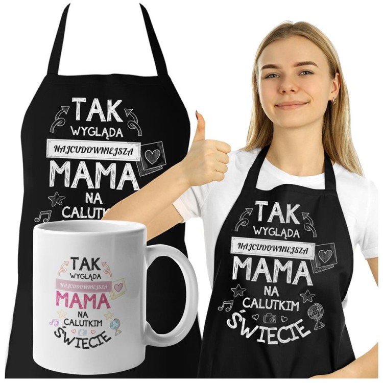 Fartuch z kubkiem dla Mamy na prezent na Dzień Matki z napisem Tak wygląda najcudowniejsza mama na calutkim świecie.jpg