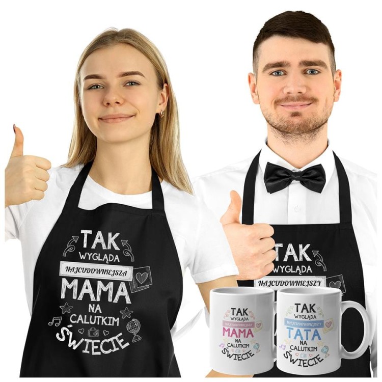 Fartuchy z kubkami dla Mamy i Taty na prezent na Dzień Matki i Ojca z napisem Tak wygląda najcudowniejsza mama na calutkim świecie i Tak wygląda najcudowniejszy tata na ca.jpg