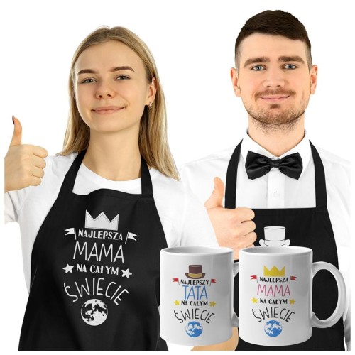 Fartuchy z kubkami dla Mamy i Taty na prezent na Dzień Matki i Ojca z napisem Najlepsza mama na całym świecie i Najlepszy tata na całym świecie.jpg
