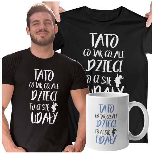 Koszulka dla taty wraz z kubkiem TATO CO JAK CO, ALE DZIECI CI SIĘ UDAŁY kolor czarny.jpg