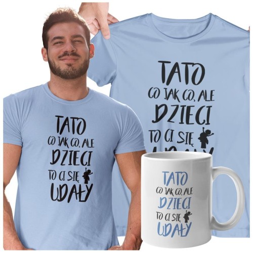 Koszulka dla taty wraz z kubkiem TATO CO JAK CO, ALE DZIECI CI SIĘ UDAŁY kolor błękitny.jpg